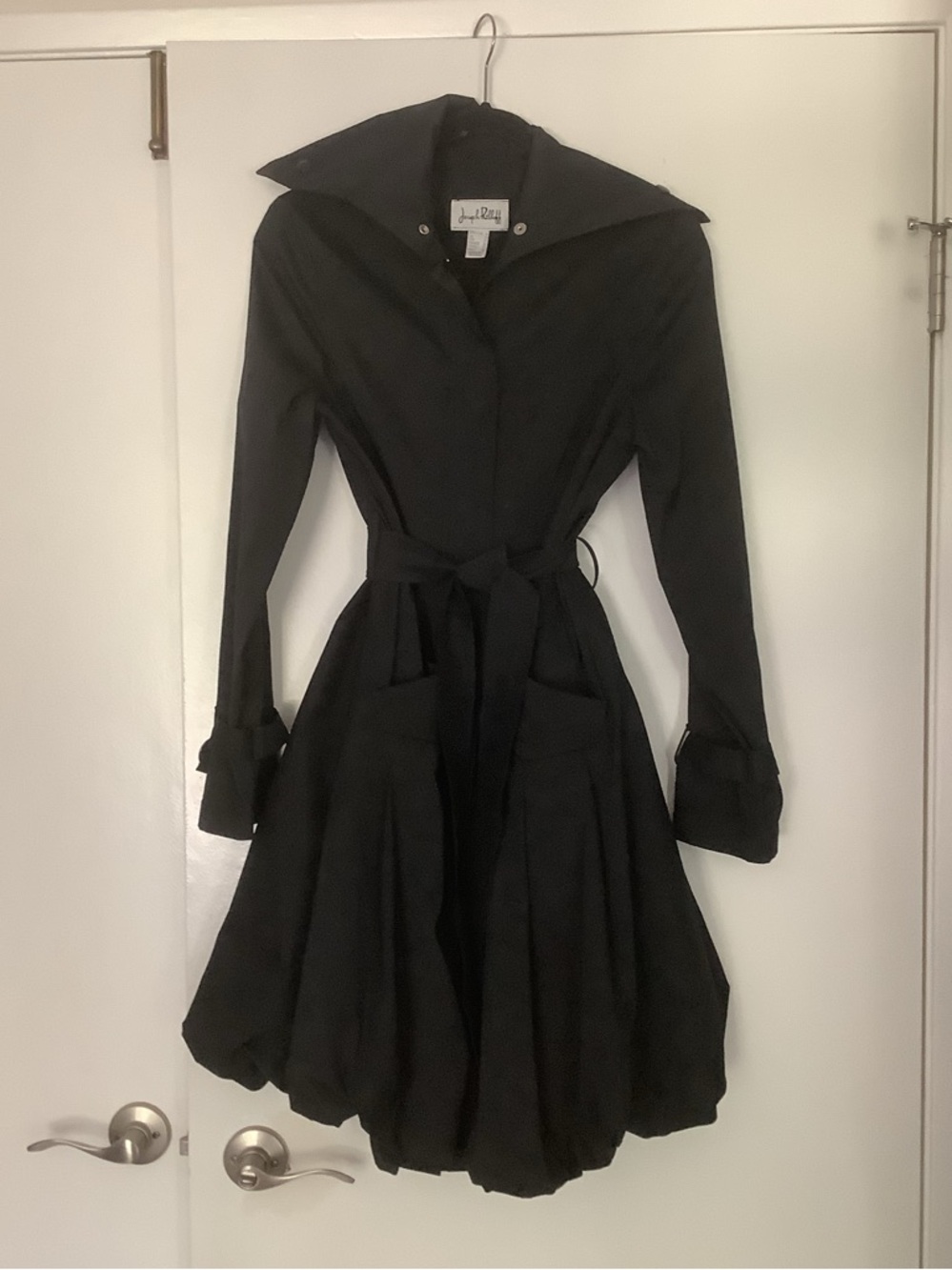 Joseph Ribkoff Bubble Hem Black Fit-and-Flare Trench Coat, size S/2